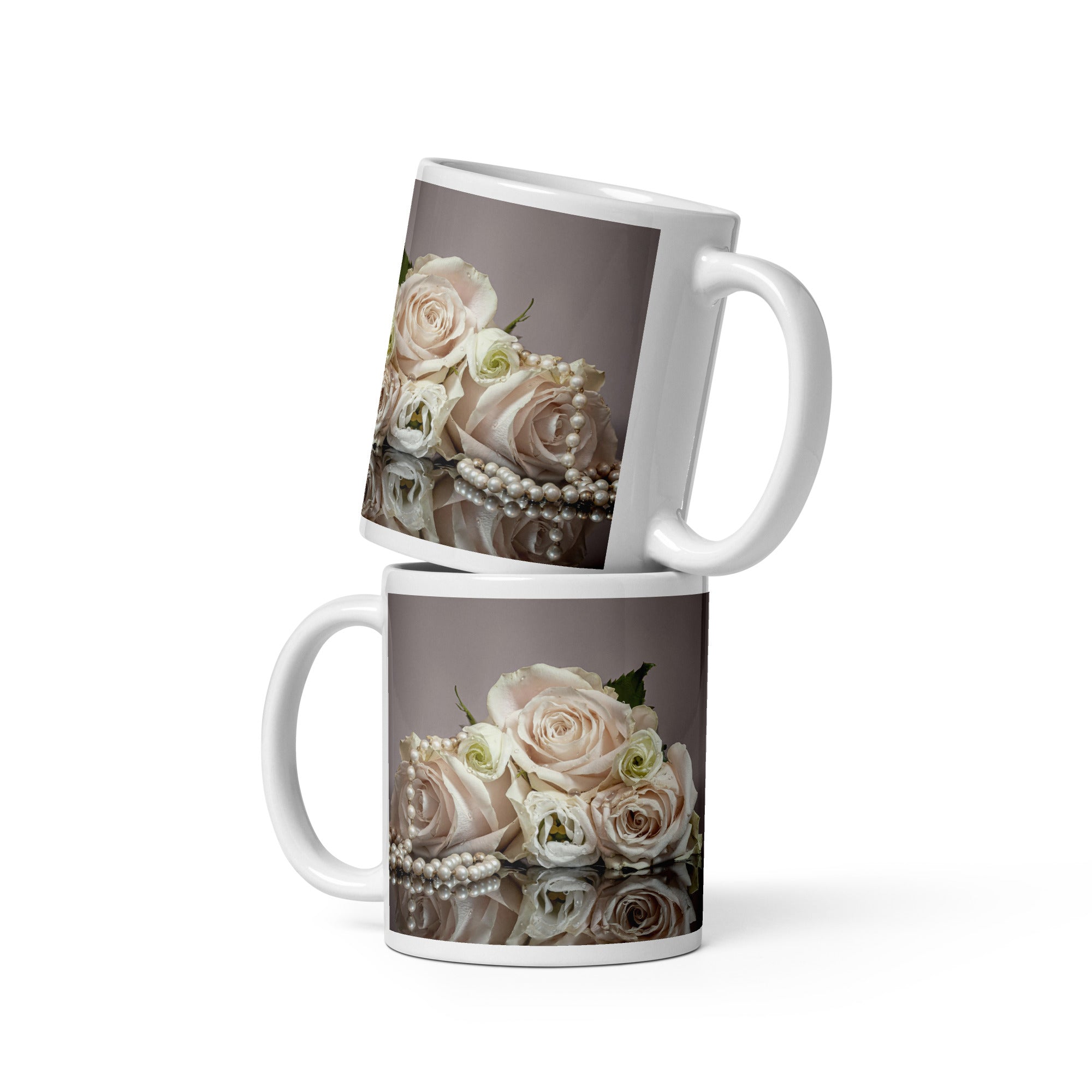 White Glossy Mug - Pastel Roses
