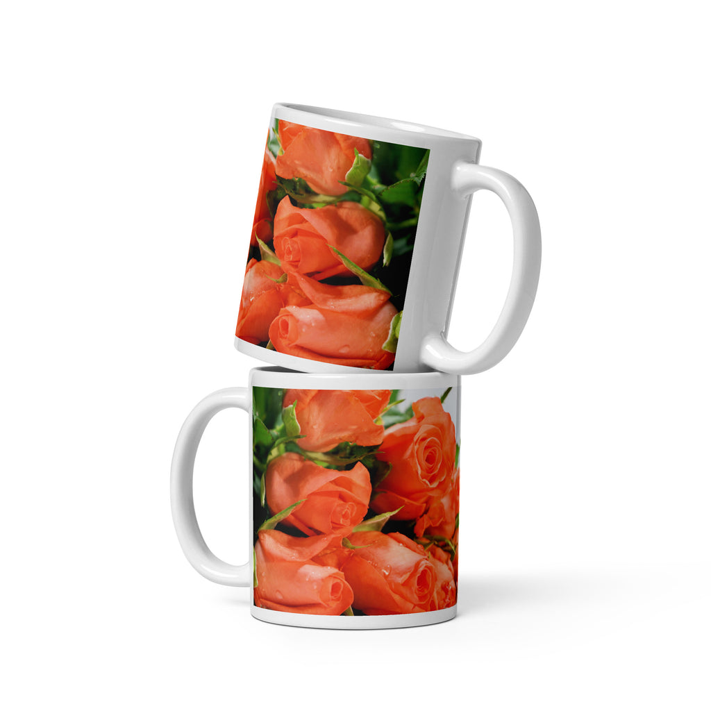 White Glossy Mug - Peach Roses