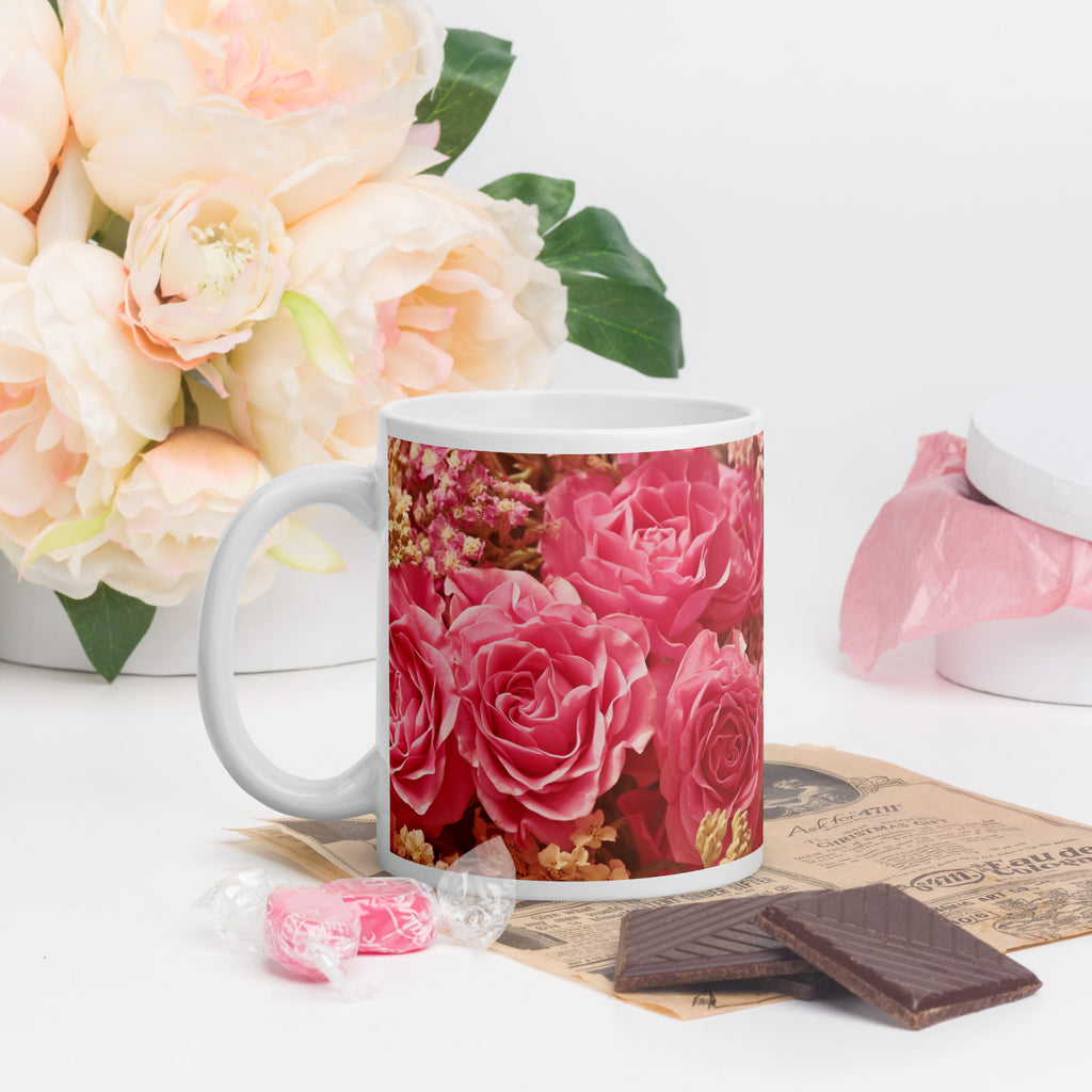 White Glossy Mug - Pink Roses
