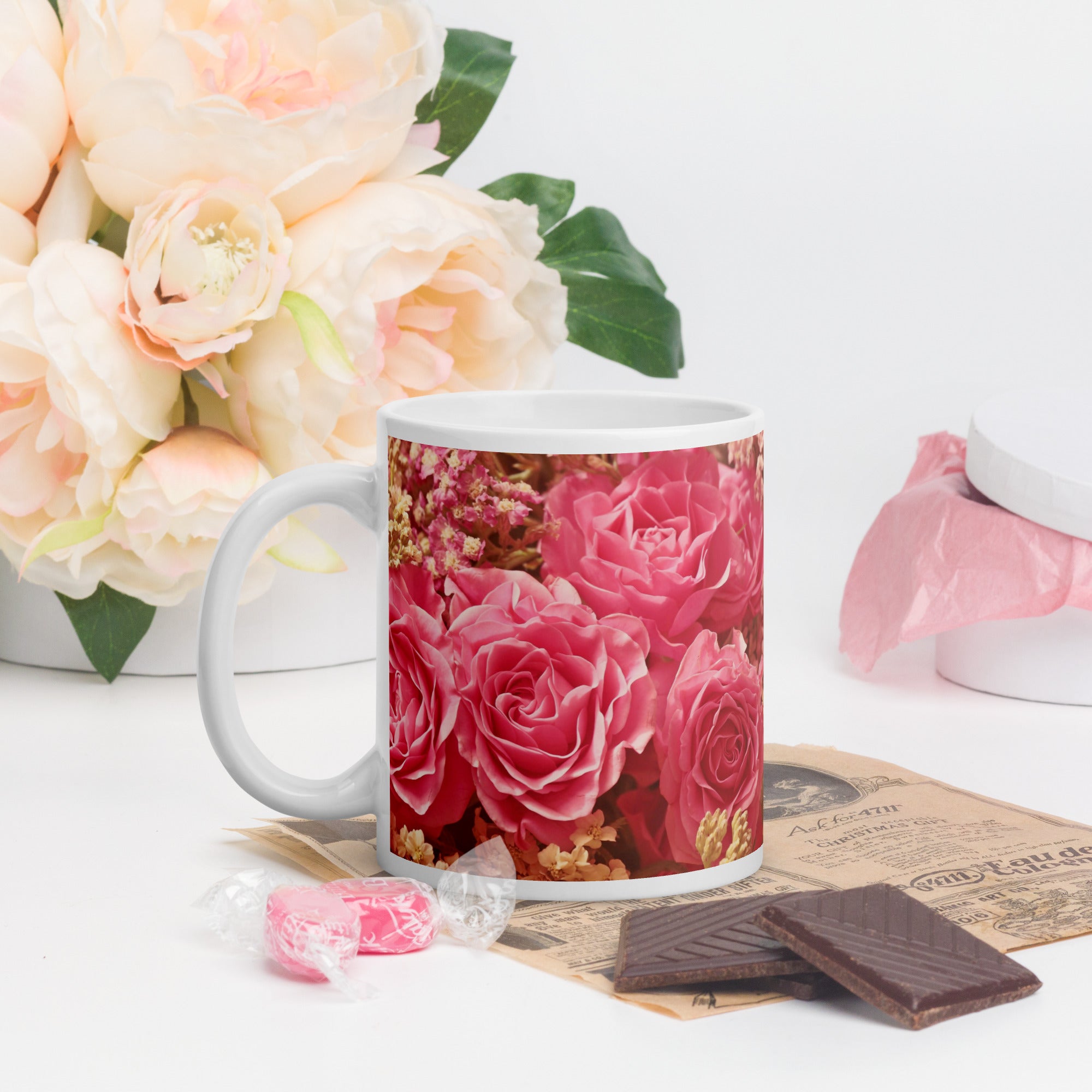 White Glossy Mug - Pink Roses