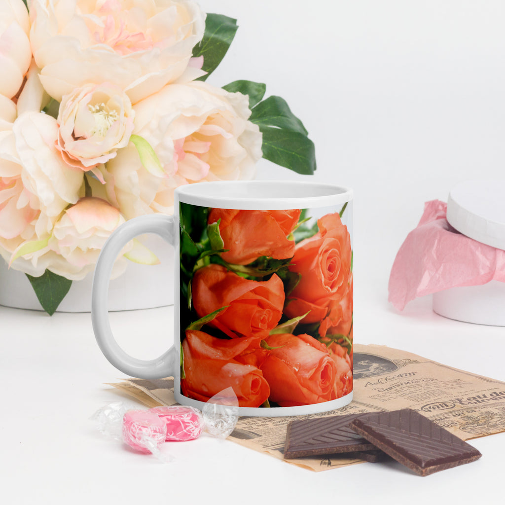 White Glossy Mug - Peach Roses