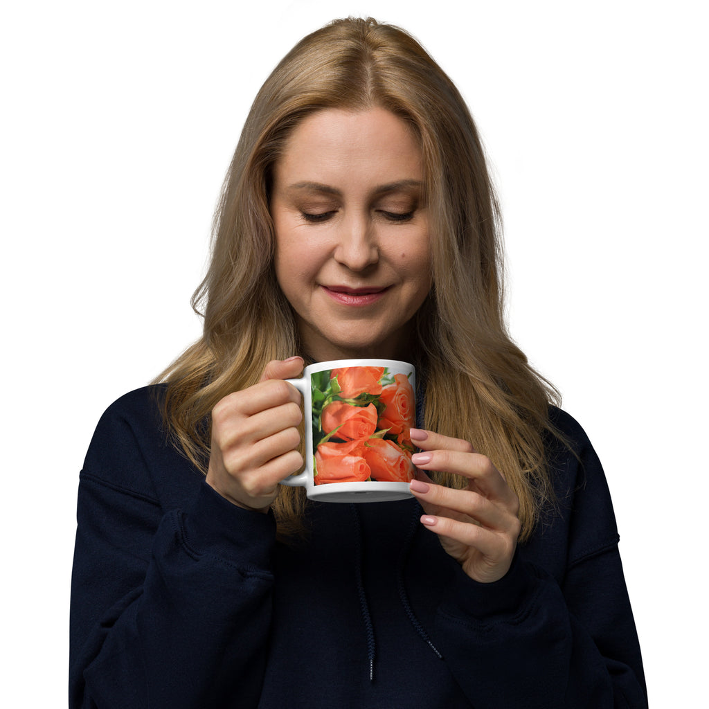 White Glossy Mug - Peach Roses