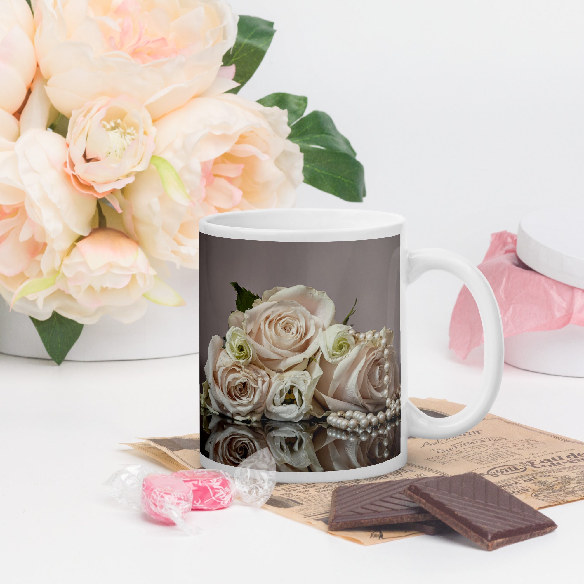 White Glossy Mug - Pastel Roses