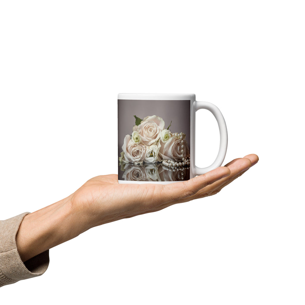 White Glossy Mug - Pastel Roses